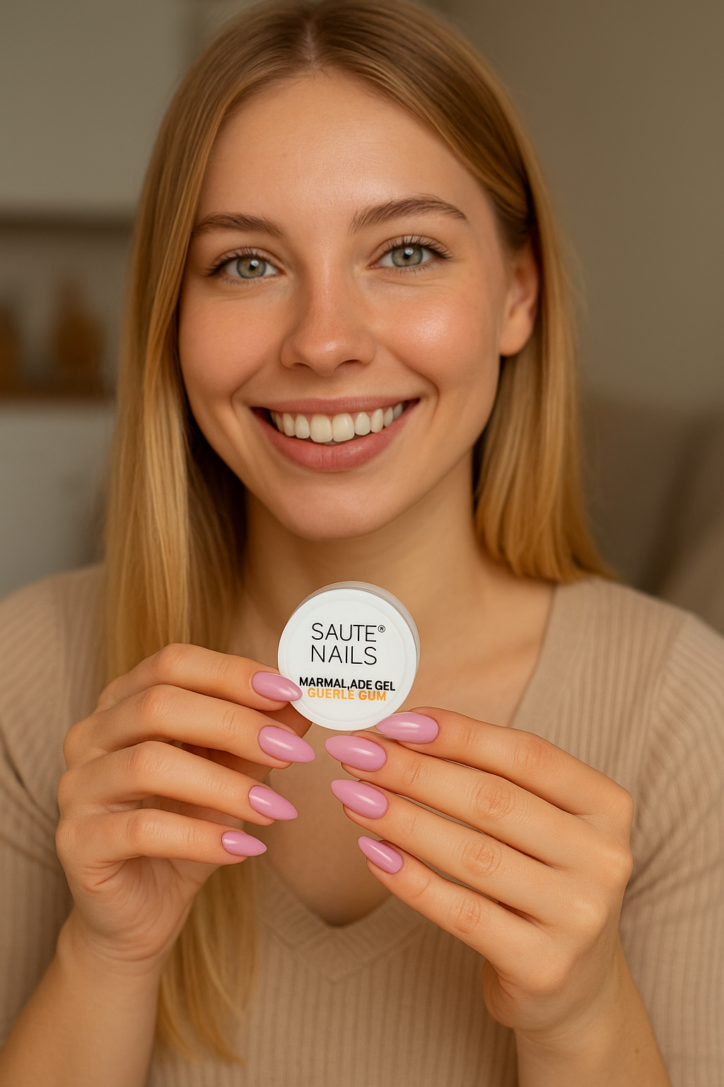 Una giovane donna con capelli castani e occhi azzurri sorride mentre tiene un contenitore di gomma da masticare chiamato 'Saute Nails' con aromi di gel di limone, morso di gomma da masticare mabuso con unghie cotte di rosa