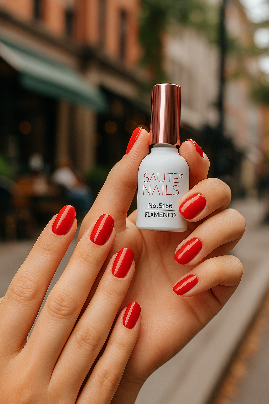 Dita di una mano che mostra unghie dipinte di rosso e una boccetta di smalto chiamato 'Saute Nails No. S156 Flamenco', con sfondo urbano.