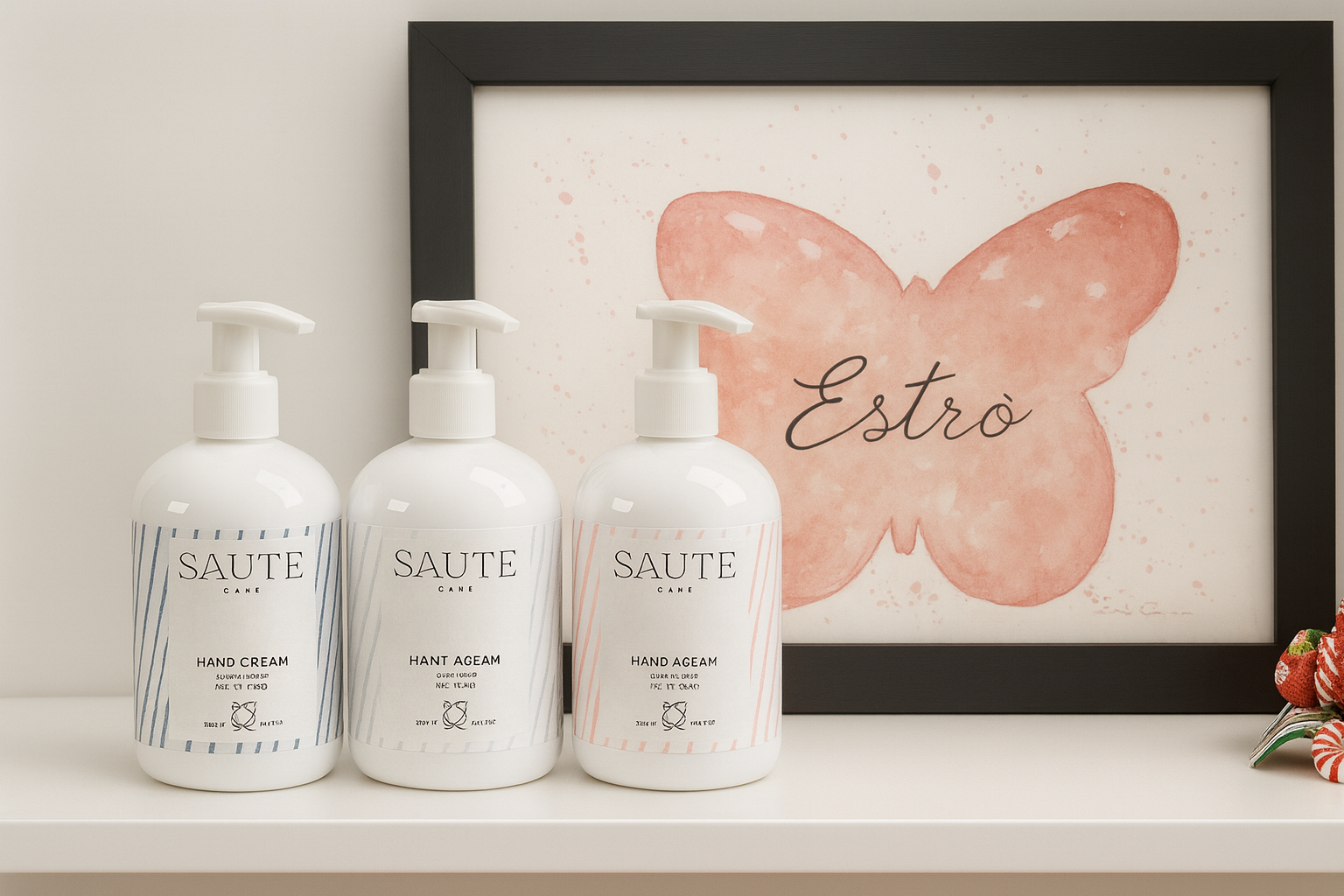 Tre bottiglie di sapone con dispenser in primo piano, sfondo un quadro con un fiore stilizzato e la scritta 'Estò'.