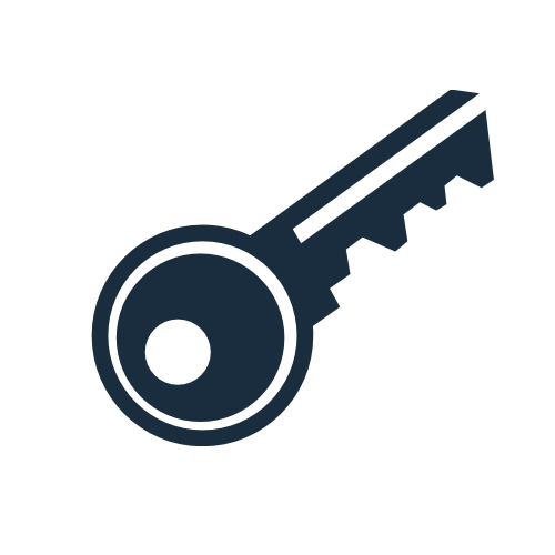 Icon of a key with a circular head and jagged blade, in a dark blue color.