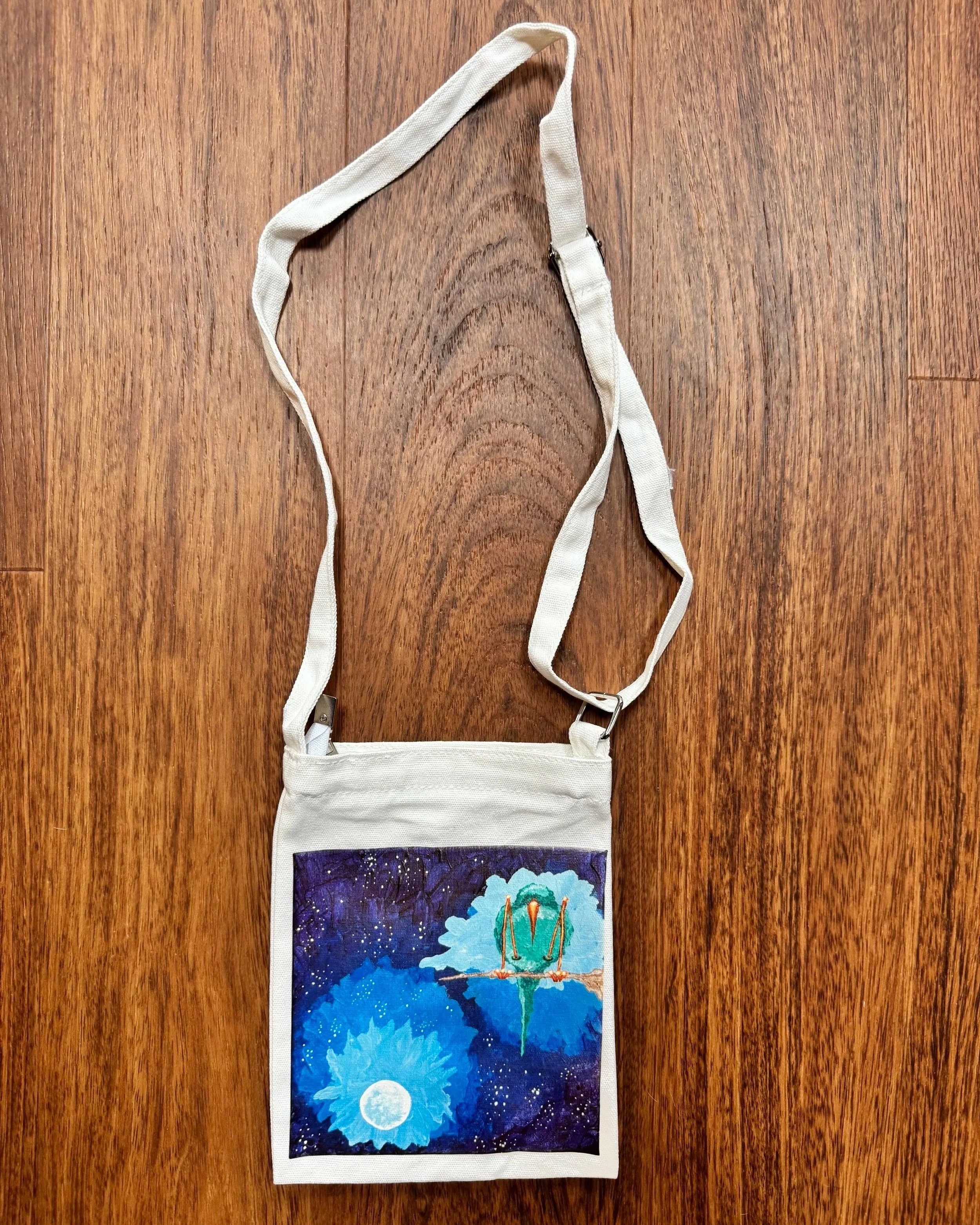 "clear path for spirit" white cross body;
7" x 9";
$28.00