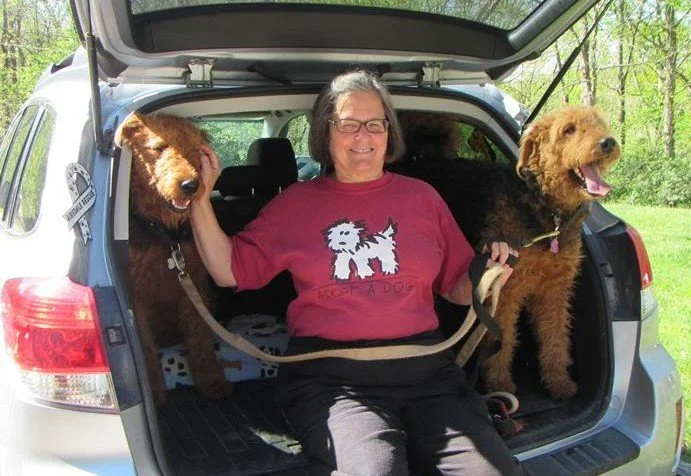 Woman sitting in the back of a car with two large dogs, smiling and petting one dog, outdoors in a green area.