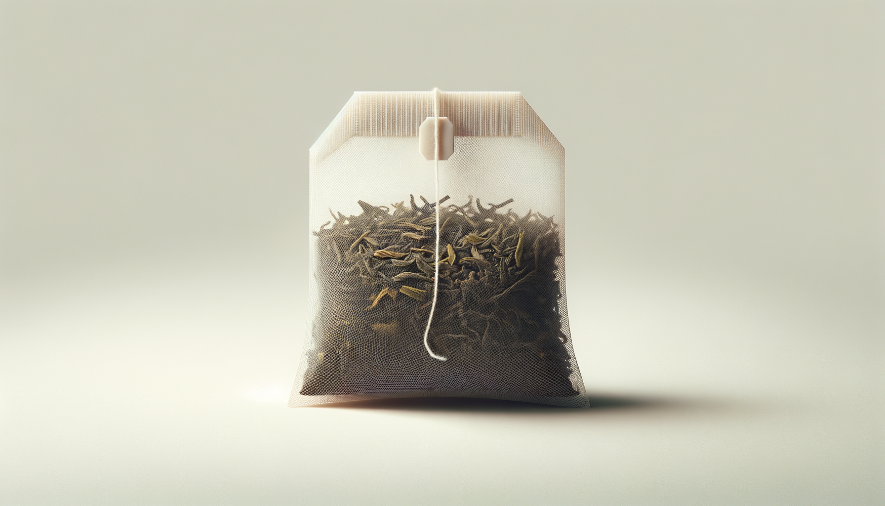 A tea bag with loose dried tea leaves inside, suspended from a string and tag, placed against a light background.