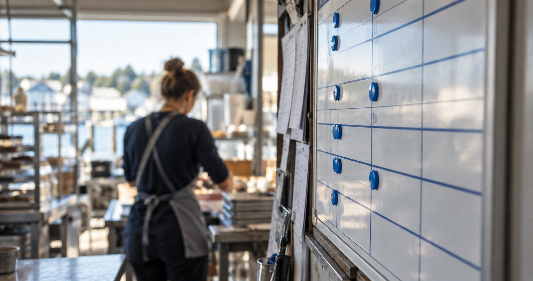 Employee stands in front of a schedule.