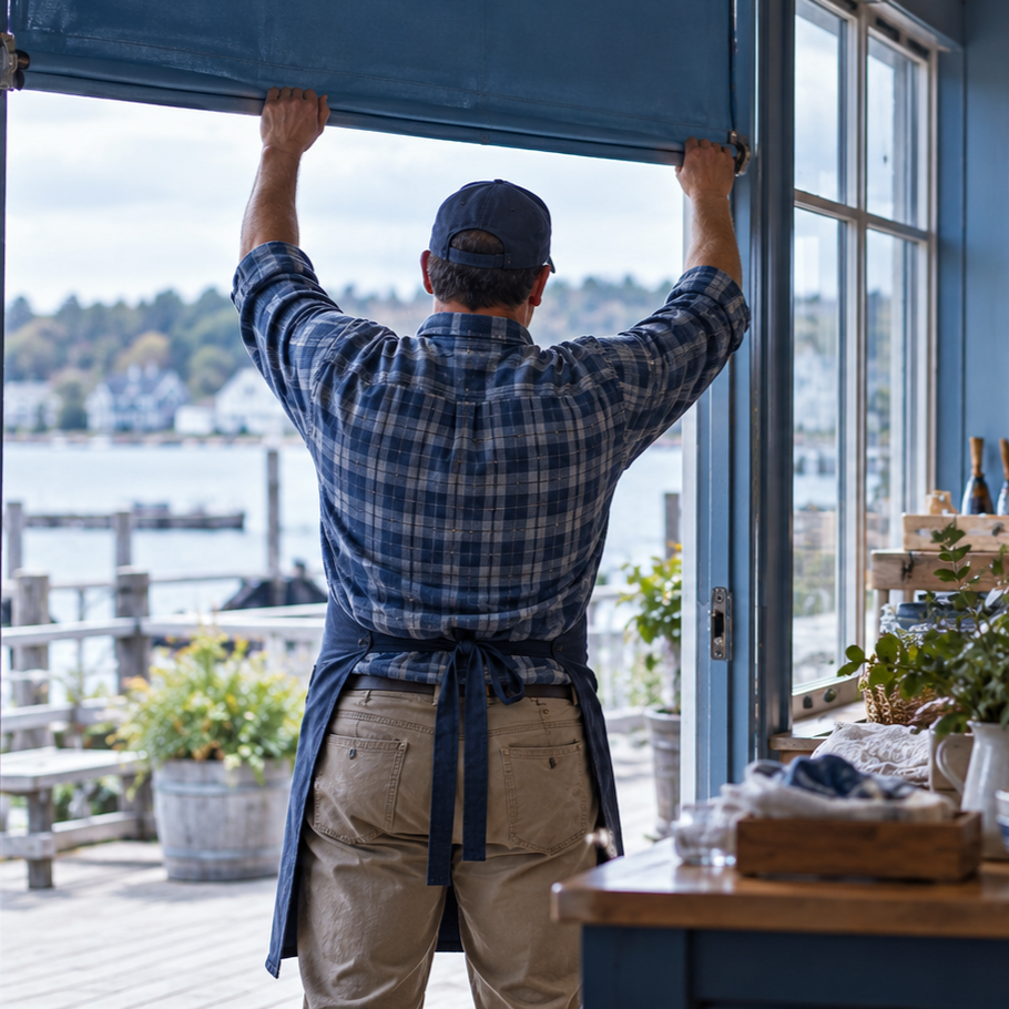 A shopkeeper raises a blue storefront shade.