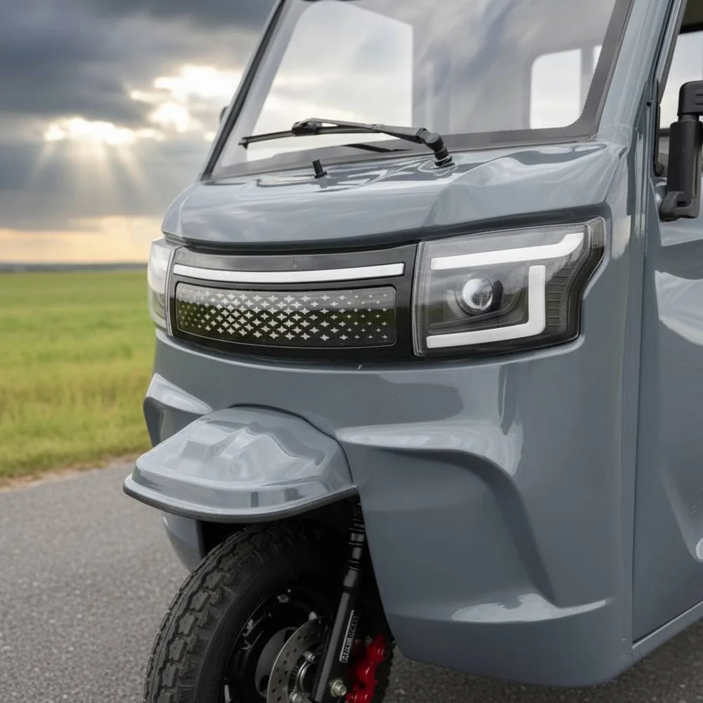 Nærbillede af forsiden af en grå elektriskluxcap el-kabinescooter med moderne LED-lygter og en grill med LED-lys