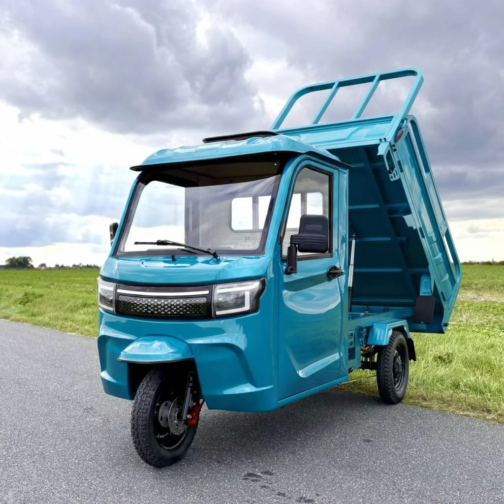 Blåt elektrisk luxcap el-kabinescooter med opperykket lad, parkeret på vej ved græsmark under overskyet himmel.