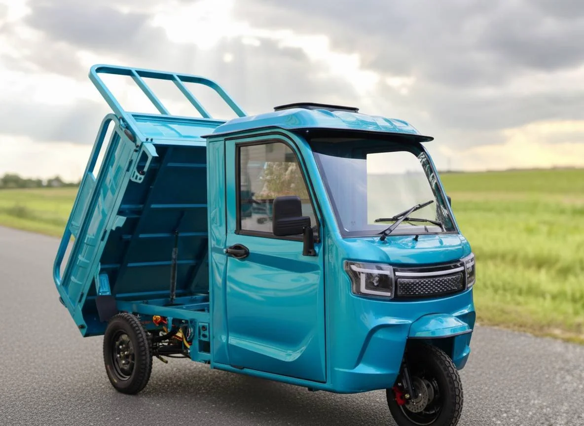 En lille blå luxcap el-kabinescooter med et lad, der er løftet, køres på en landevej med grønne marker og overskyet himmel i baggrunden.