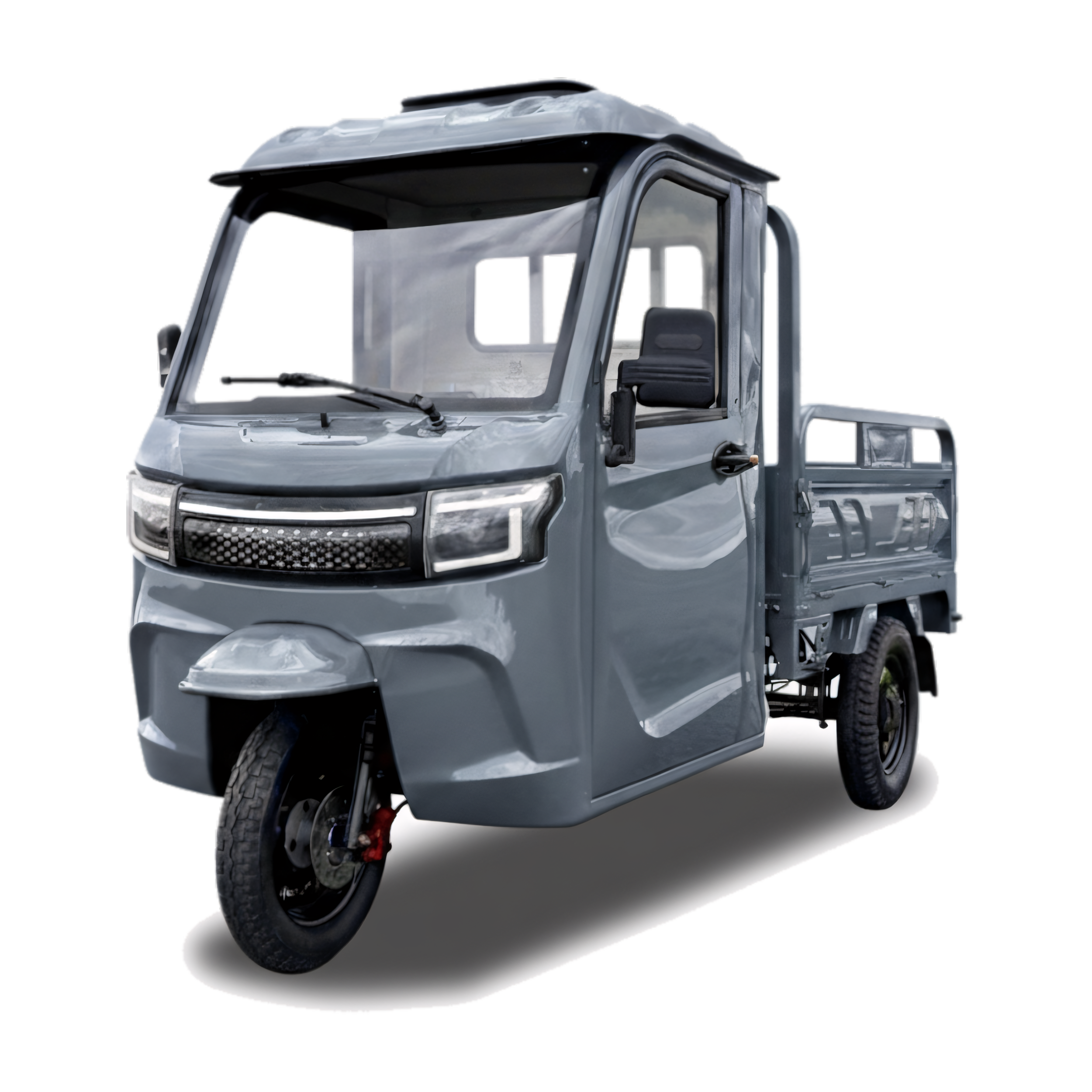 Grå elektrisk tuk-tuk luxcap el-kabinescooter med stor lad på bagsiden, tre hjul, stor kabine