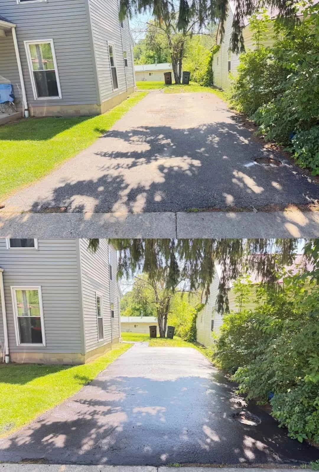 Before and after driveway sealcoating project in Athens OH showing dramatic asphalt transformation and improved appearance.