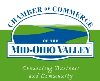 Logo for the Chamber of Commerce of the Mid-Ohio Valley with a green background, a blue river, and green hills, featuring the text "Connecting Business and Community."