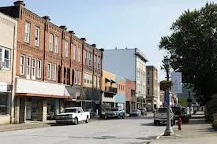Street view of historic downtown with brick buildings, parked cars, and trees lining the sidewalk, under a clear sky.