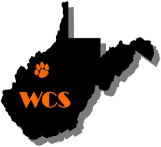 Silhouette of West Virginia with an orange paw print and the letters 'WCS' in orange.
