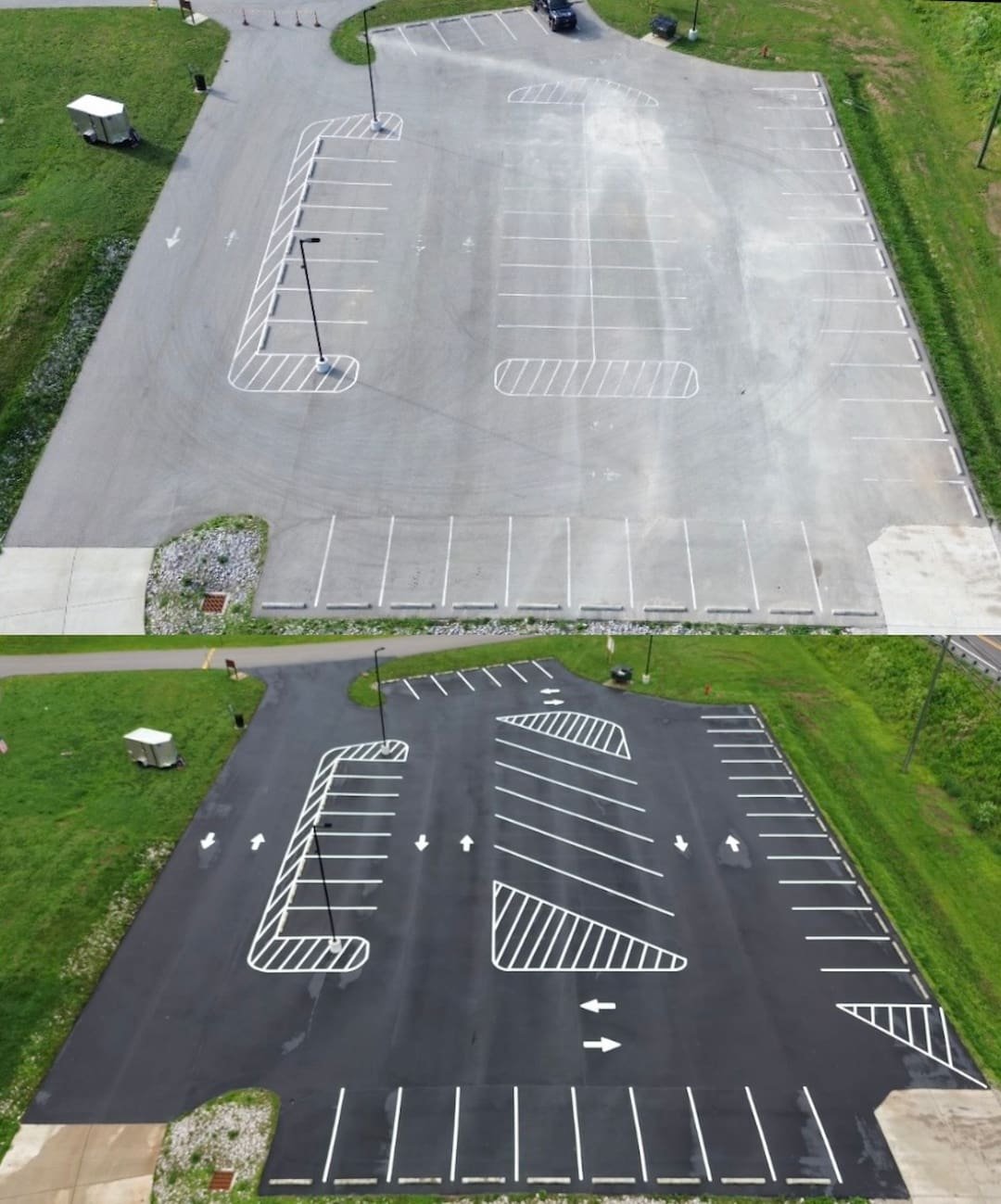 Before and after commercial parking lot transformation at Great Bend Marina in Ravenswood WV.