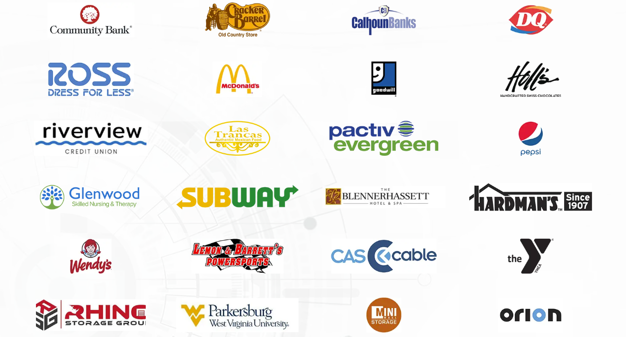 EPM customer logos including Community Bank, Cracker Barrel, McDonald’s, the Blennerhassett Hotel and WVU Parkersburg