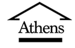 Logo with the word 'Athens' beneath a stylized roofline or house shape.