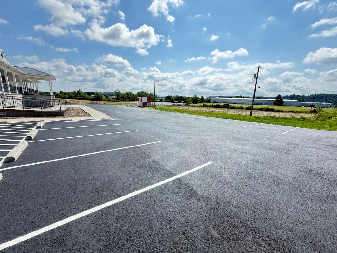 Completed airport parking lot sealcoating and striping project at Gallia-Meigs Regional Airport in Gallipolis OH.