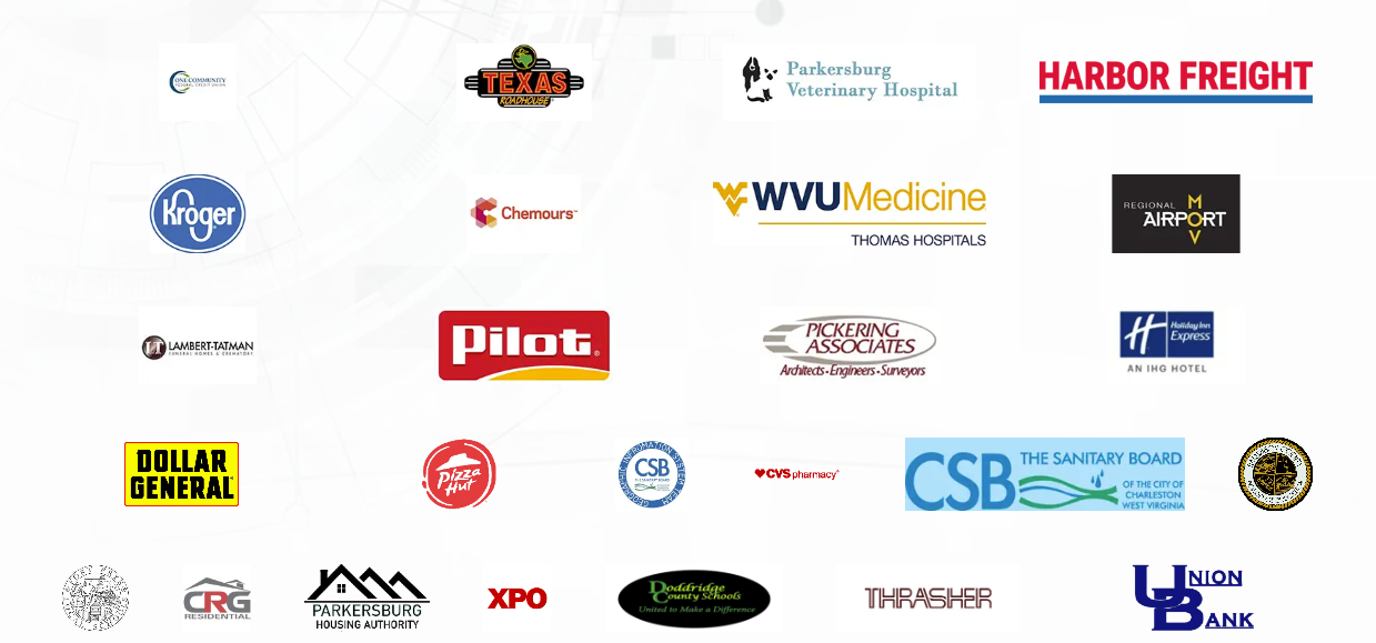 Collection of various business and organization logos including Kroger, Pilot, CVS Pharmacy, Dollar General, XPO, University of Charleston, Virginia, Harbor Freight, and hospitals like Parkersburg Veterinary Hospital and WVU Medicine.