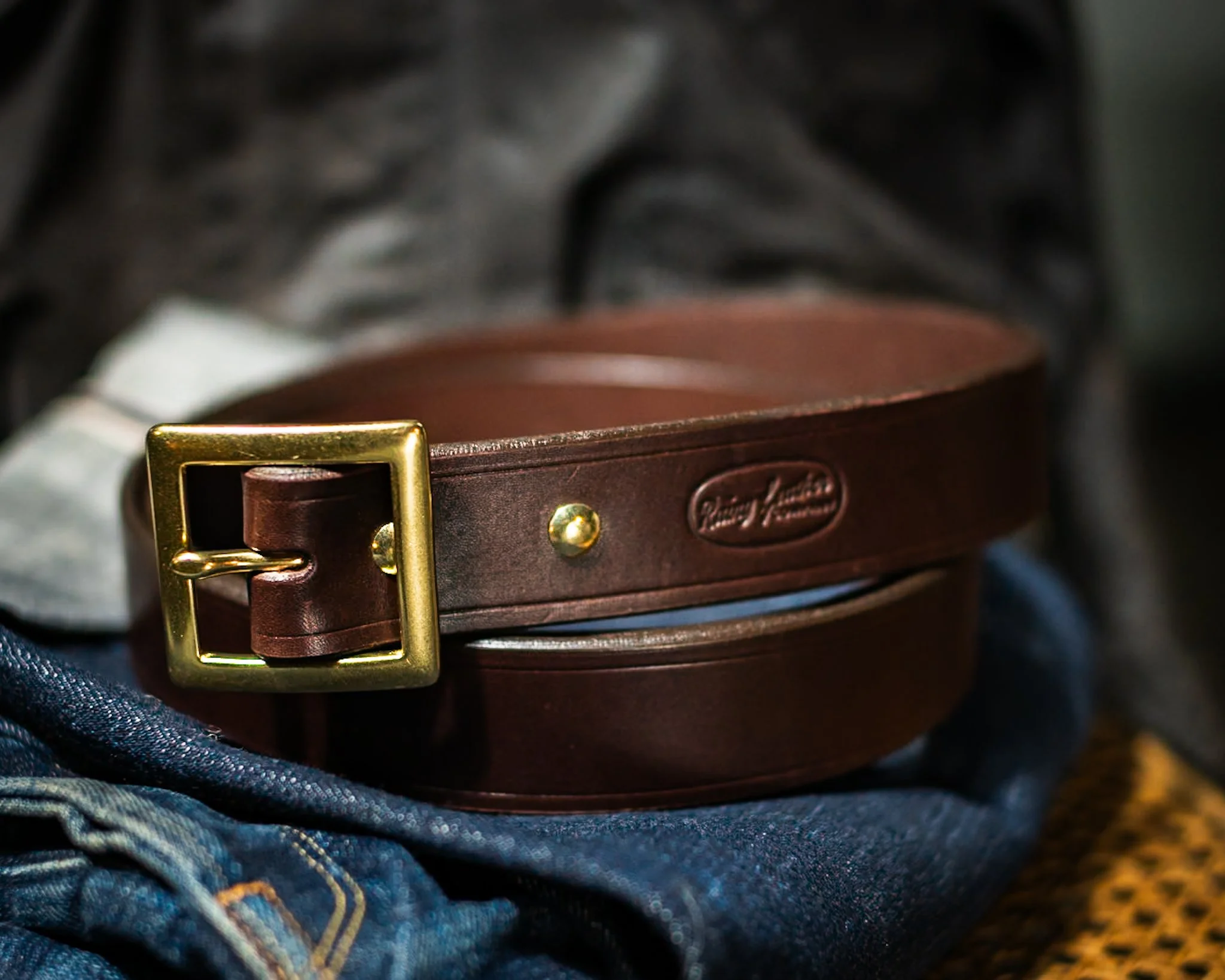 #01 - Solid brass square center bar buckle | 1.5” decoratively lined Havana Brown belt strap