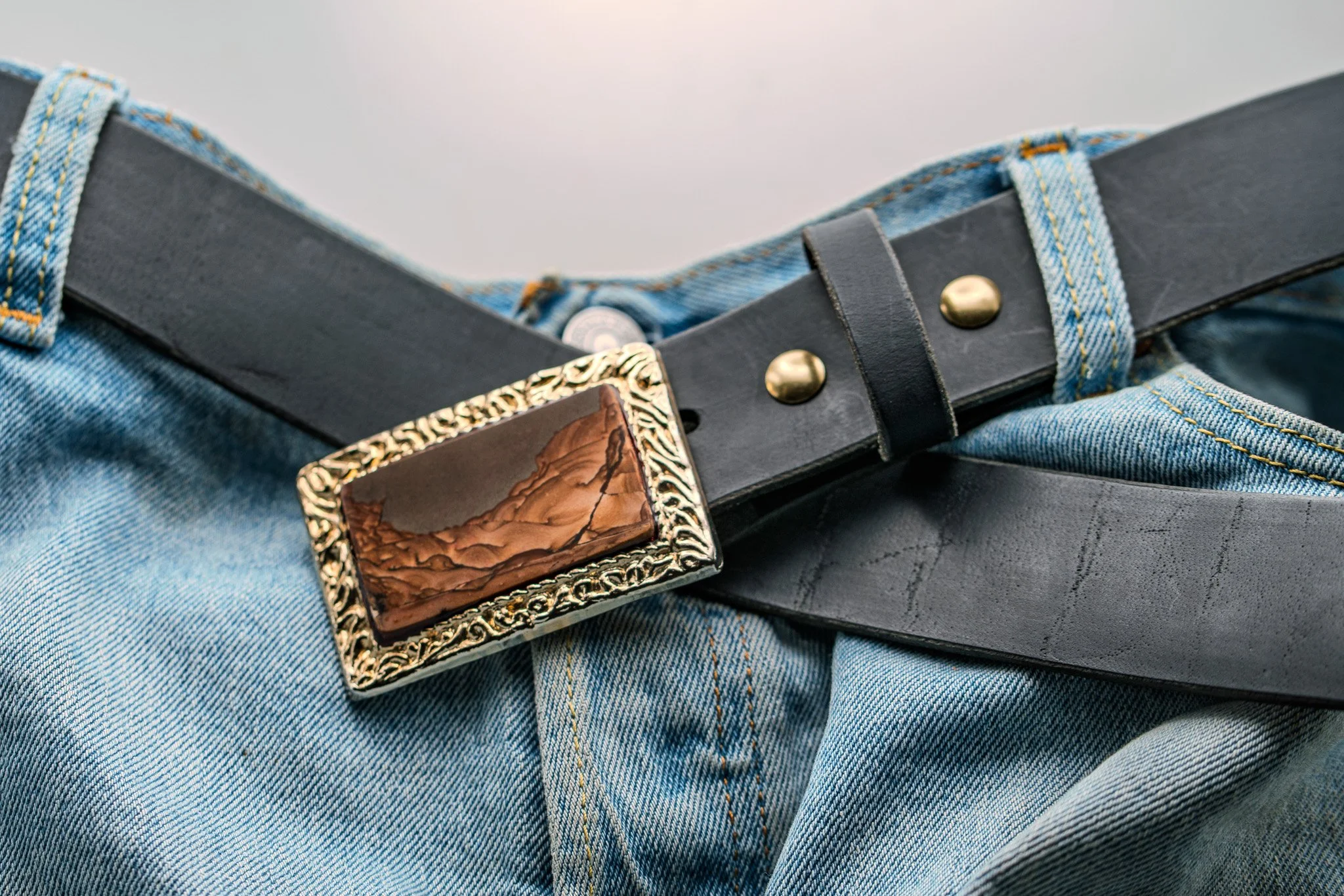 Vintage Stone Buckle w/ RLc Full Grain Water Buffalo Leather Belt strap