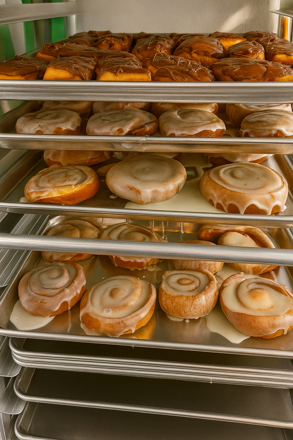 A commercial bakery display case with four shelves of cinnamon rolls with white icing.