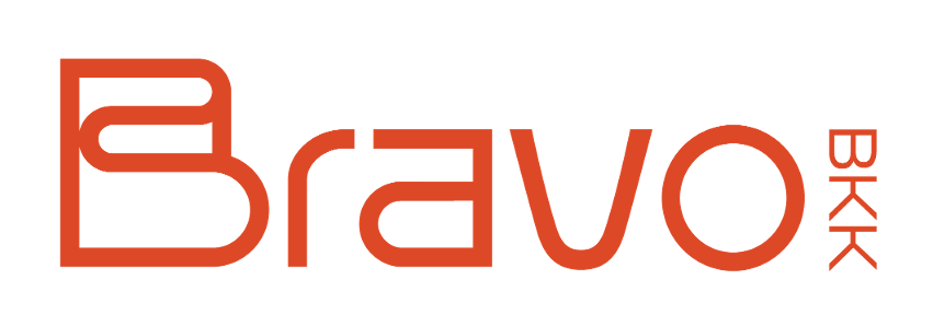 A logo for Bravo BKK Bangkok, a reputable mall with stylized text in orange on a black background