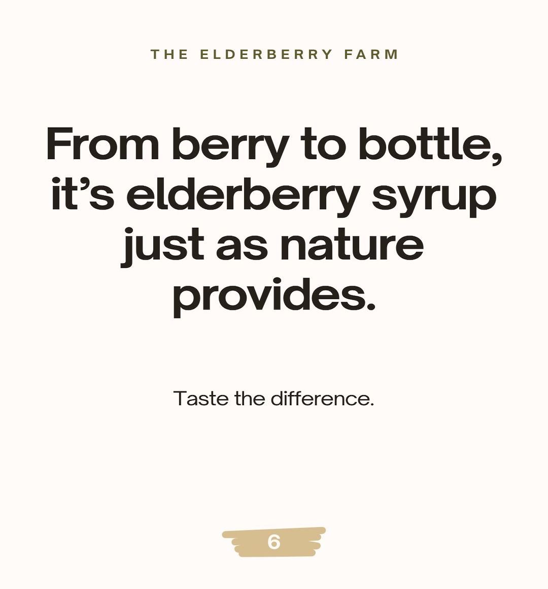 Text advertisement for Elderberry Farm promoting elderberry syrup, with the phrase "From berry to bottle, it’s elderberry syrup just as nature provides. Taste the difference." and a small icon with the number 6 at the bottom.