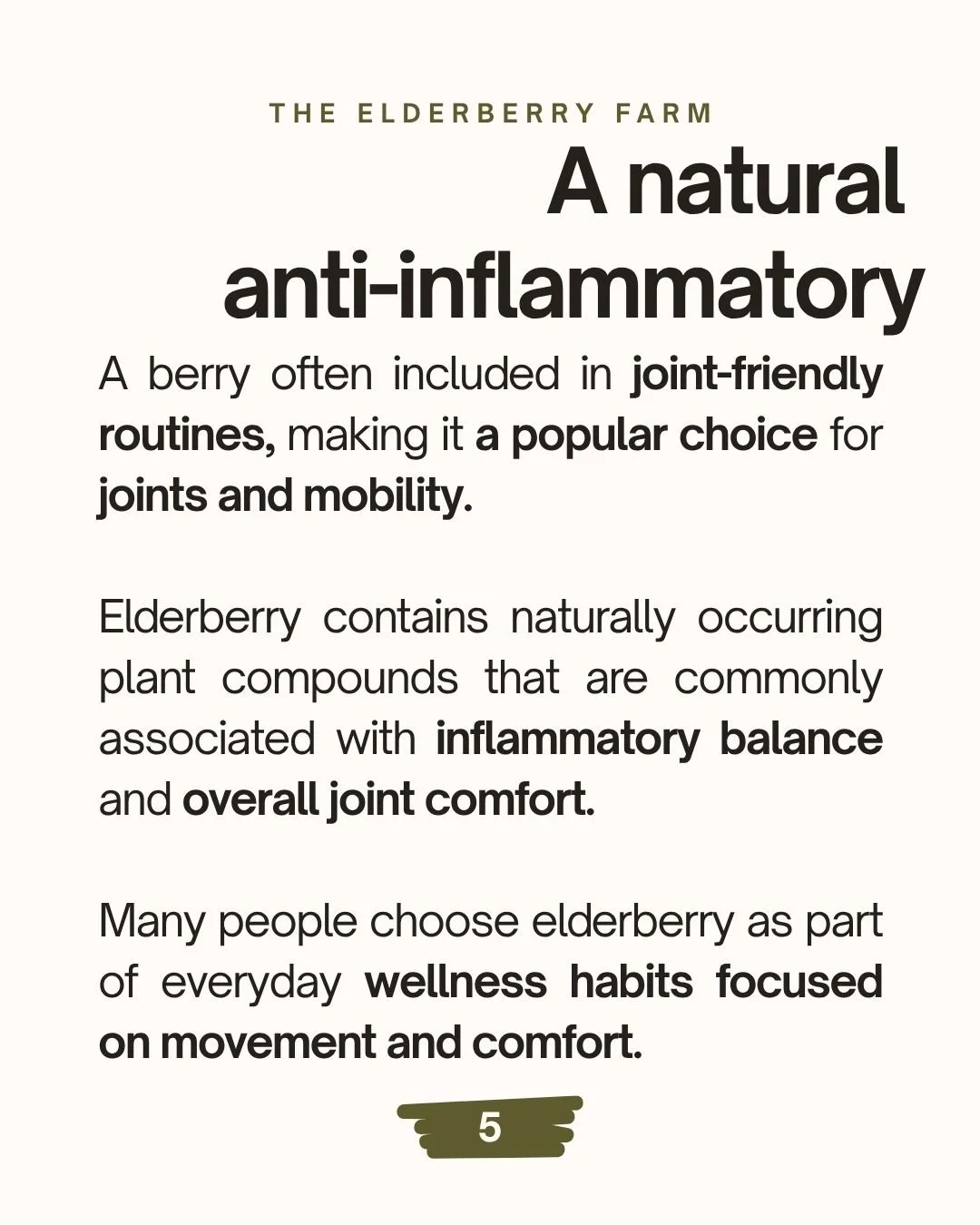 A bottle of elderberry syrup from The Elderberry Farm with text highlighting its flavor, potency, and how much elderberry is used to make a teaspoon of syrup, with a note about the elderberry farm's location in Vineland, Ontario.