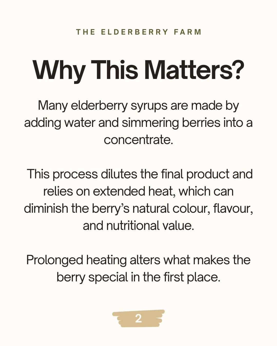 Information about elderberry syrup explained on a page, titled 'Why This Matters,' discussing the process of making elderberry syrup and how heat affects the berry's color, flavor, and nutritional value.