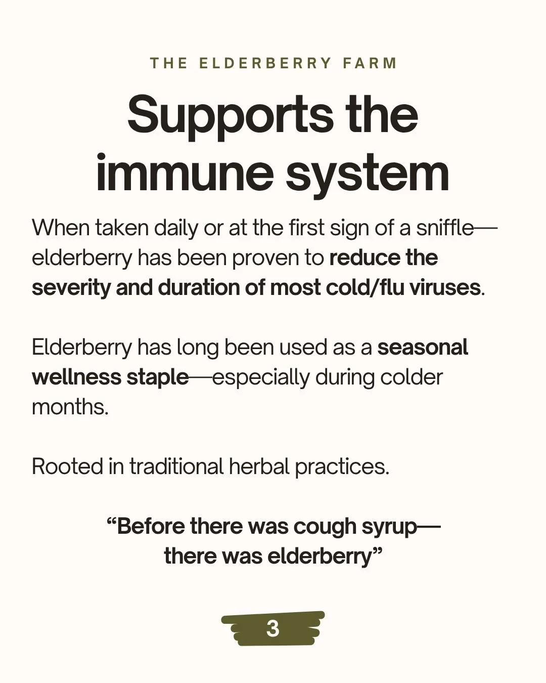 A promotional infographic from Elderberry Farm explaining what makes their elderberry syrup different, highlighting that it is made from 100% pure pressed elderberry juice, not from dried berries or diluted. It emphasizes that the syrup is not simmered, not reconstituted, not from dried berries, but made from fresh, pressed elderberries. It also mentions that their recipe is lab tested and made in small batches on the farm in an inspected facility.