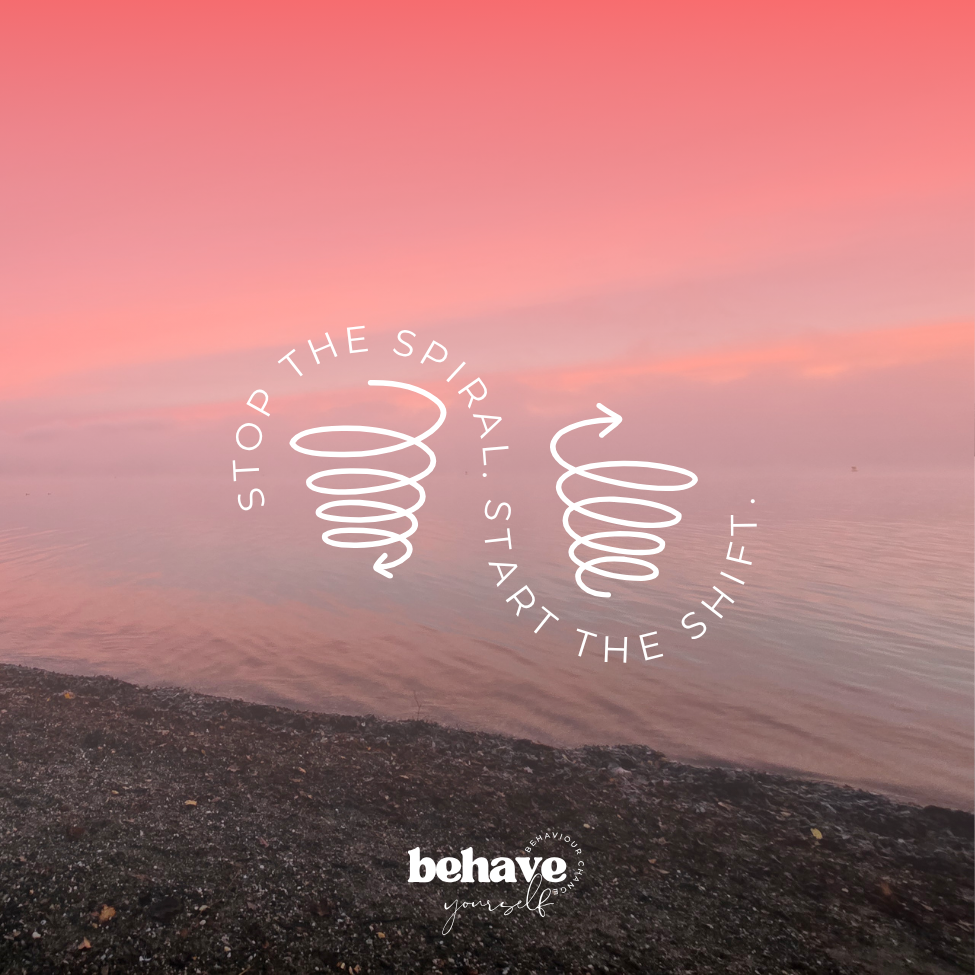 A serene beach scene with pink and pastel-colored sky reflected on calm water, with a motivational quote 'Stop the spiral. Start the shift.' overlaid in white spiral text, and a small logo with the word 'behave' and the phrase 'behaviour change' at the bottom.