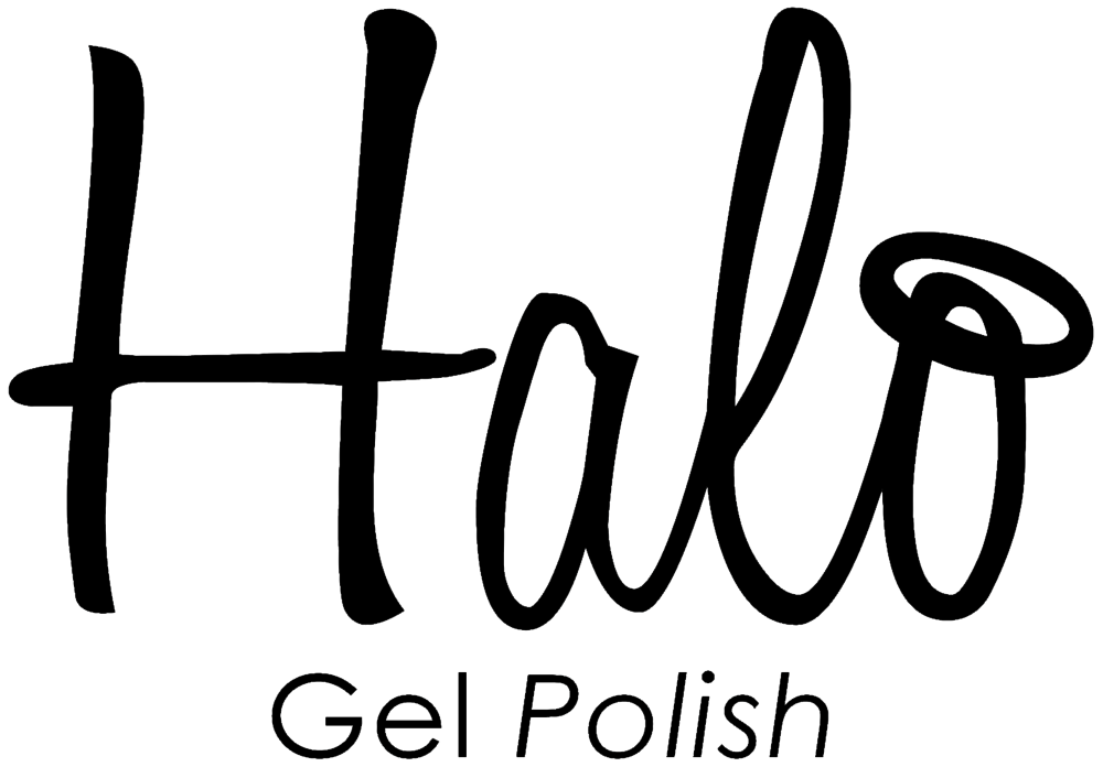 Logo with the words "Hallo Gel Polish" in stylized black script and font.