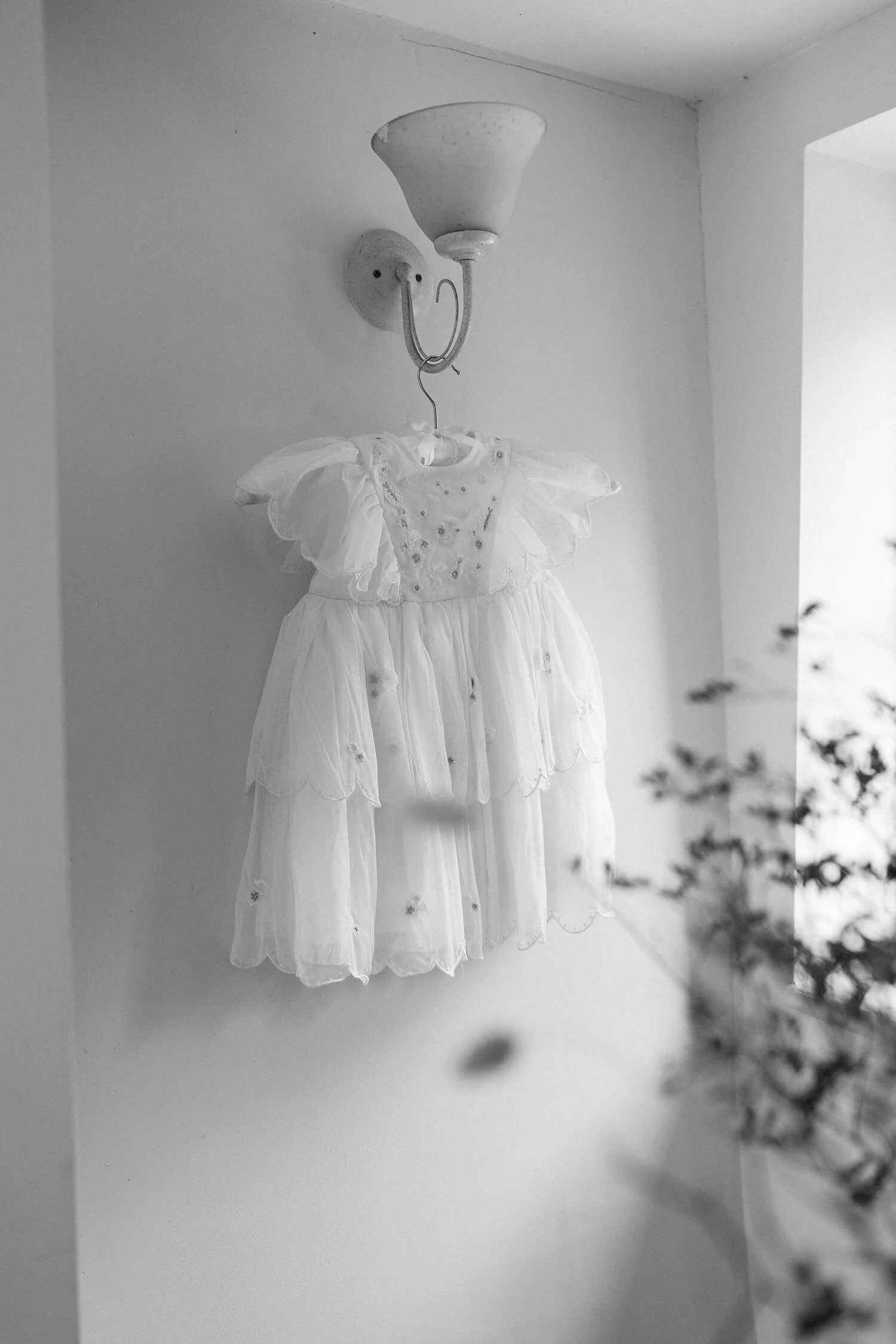 A white, frilly dress hanging from a wall-mounted light fixture, with some blurred foliage in the foreground.
