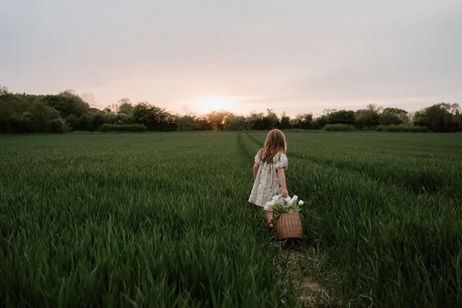 A young girl in a floral dress walks through a lush green field at sunset, carrying a wicker basket with white flowers.