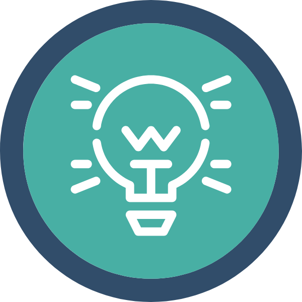 Icon of a light bulb with a 'W' inside, surrounded by lines indicating illumination, representing an idea or innovation.