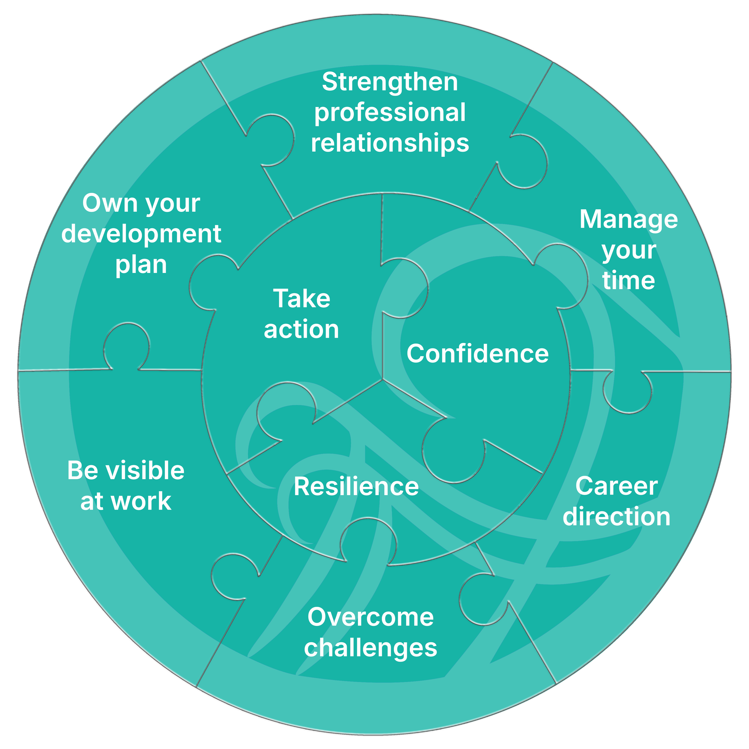 A circular puzzle diagram with concentric rings, illustrating steps for professional development. The outer ring includes steps: Own your development plan, Strengthen professional relationships, Manage your time, Career direction, Overcome challenges, Resilience, Be visible at work, and Take action. The inner ring features: Confidence. The background has a subtle globe icon.