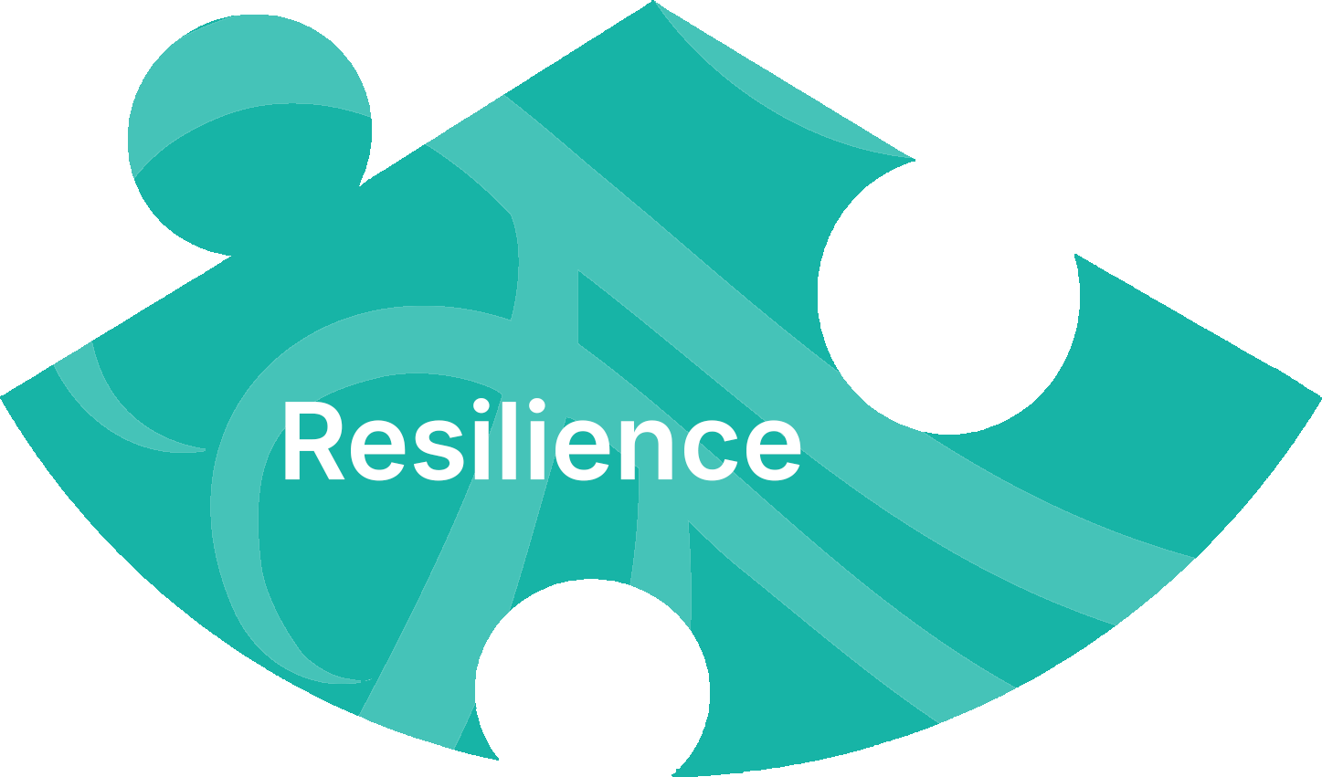 Puzzle piece with the word "Resilience" written on it, featuring abstract shapes and shades of teal.