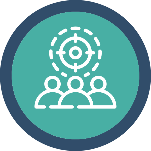 Icon of three people with a target or crosshairs symbol above them, indicating focus or targeting a group.