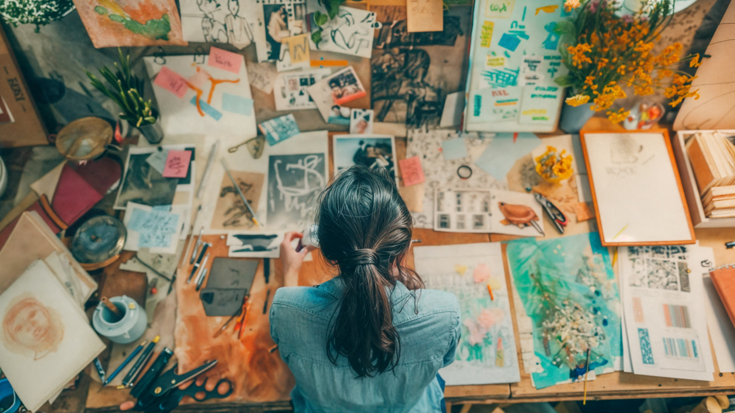 An overhead view of a cluttered art workspace with a woman working at a wooden table. The table is filled with art supplies, sketches, paintings, photographs, and notes. There are various drawing tools, scissors, plants, yellow flowers, and multiple artworks in progress.