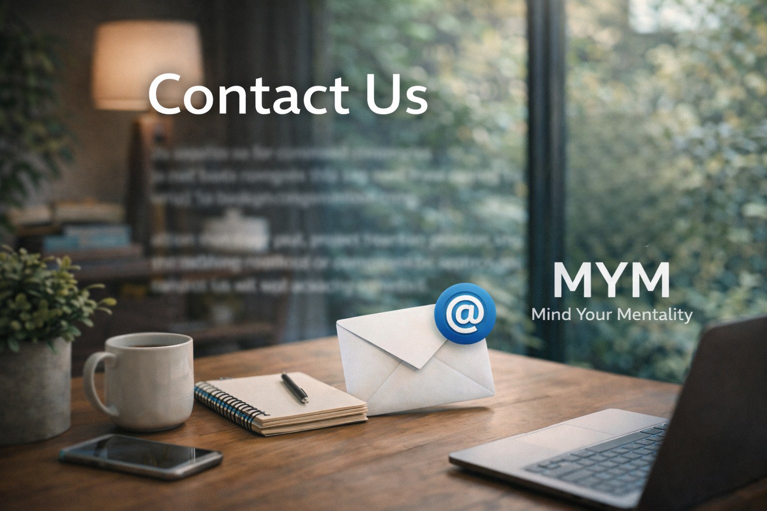 A workspace with a coffee mug, smartphone, notebook, pen, and laptop on a wooden table. An envelope with an @ symbol sticker and the text 'Contact Us' and 'MYM Mind Your Mentality' are visible, with a blurred window showing greenery in the background.