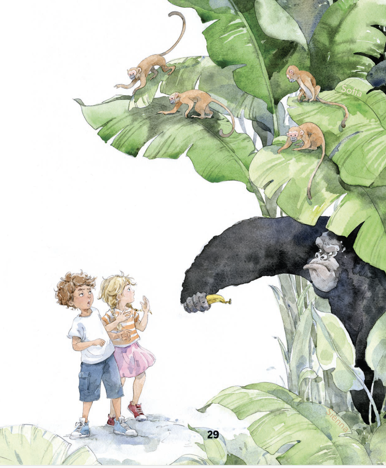 Watercolor scene of children surprised by a gorilla offering a banana in a jungle
