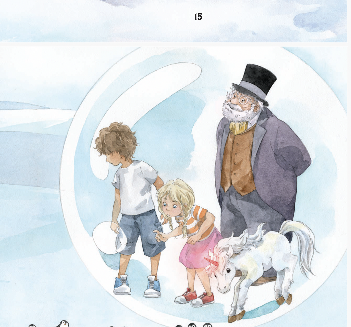 Watercolor scene: An older man in a top hat inside a bubble with two children and a small white unicorn.