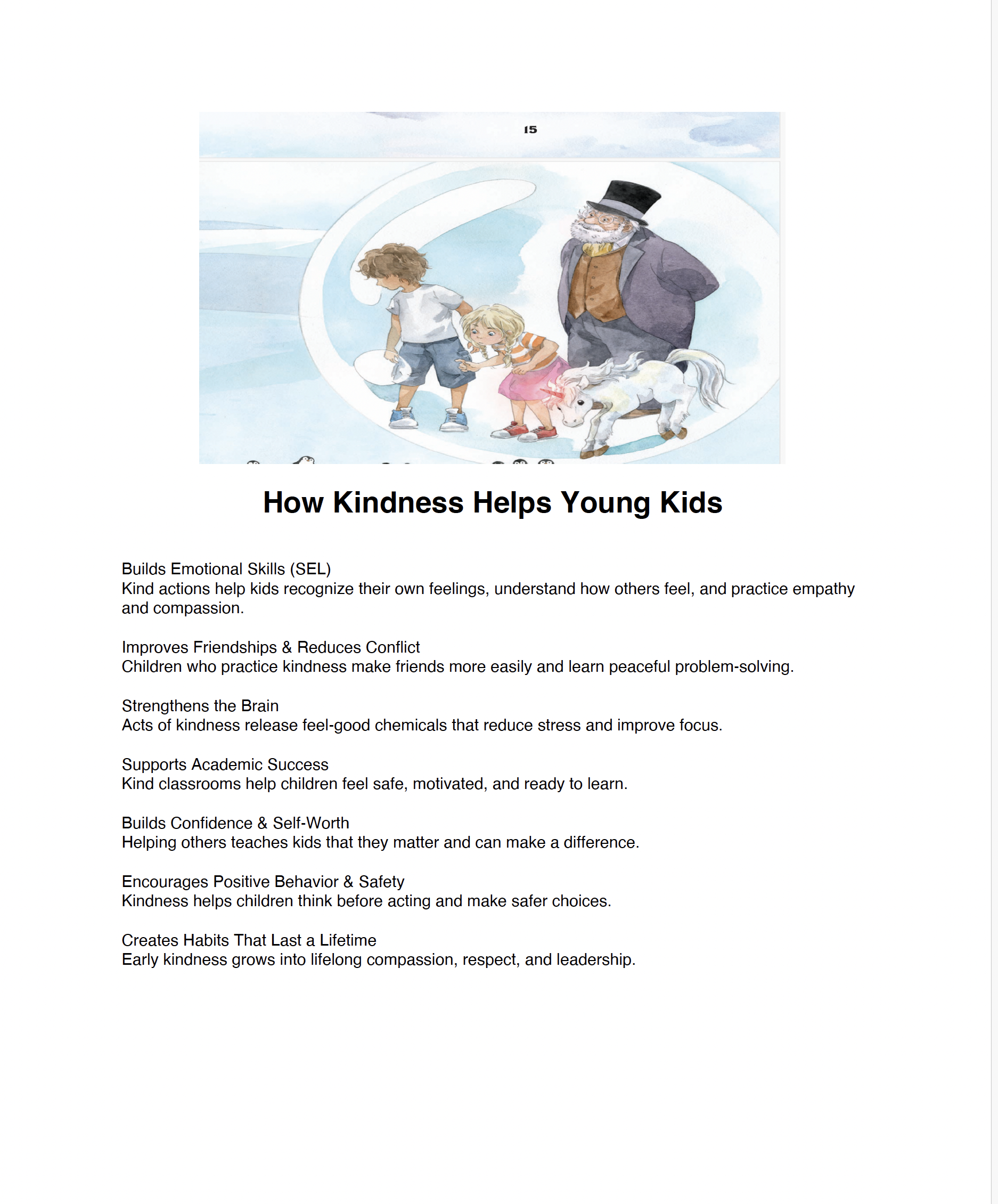 Flyer explaining benefits of kindness for young kids