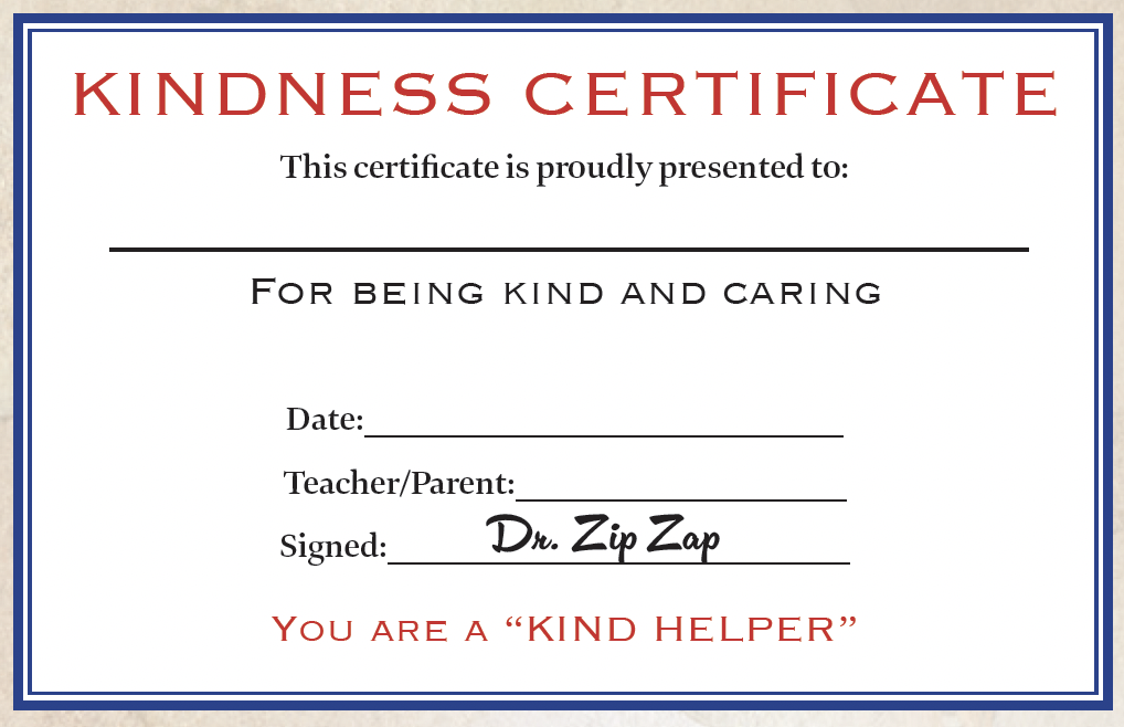 Kindness certificate template with spaces for name, date, and signature