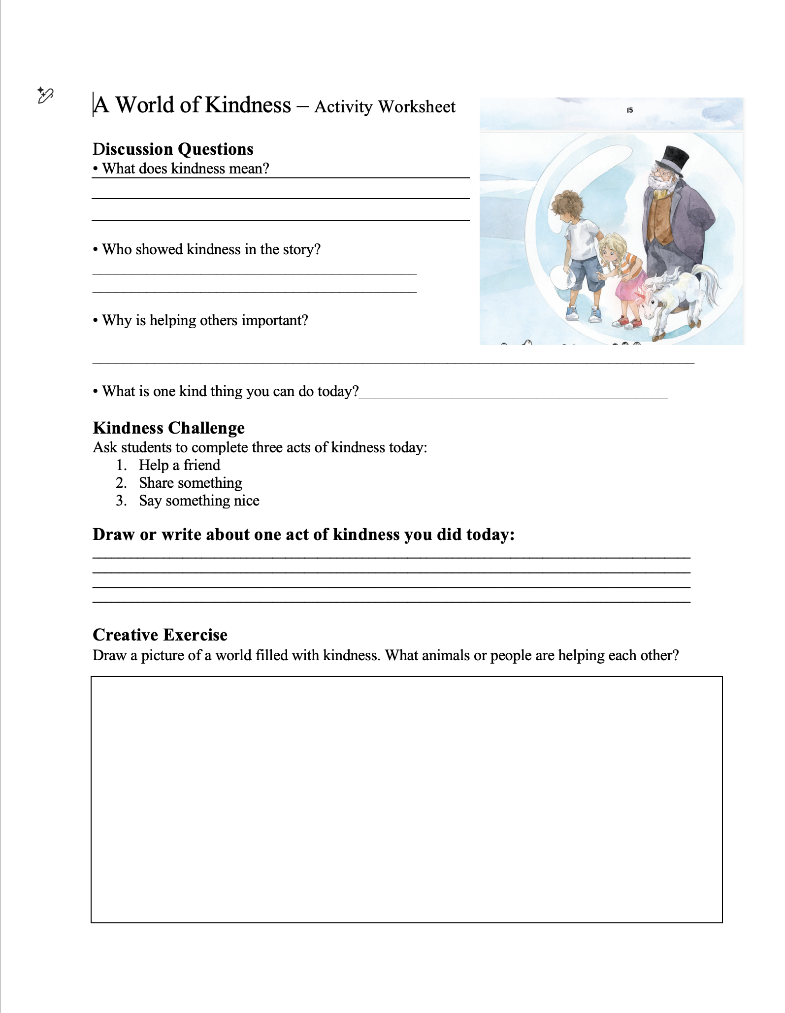 A World of Kindness: A worksheet with questions, a kindness challenge, and a space for drawing.