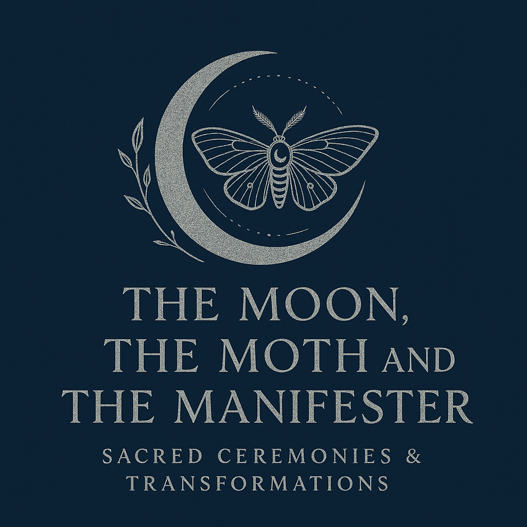 A graphic design with a silver crescent moon, a butterfly with a crescent moon on its body, and a branch with leaves. Text reads: "The Moon, the Moth and the Manifestor: Sacred Ceremonies & Transformations."