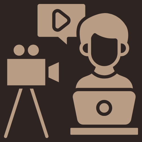 Icon of a person with a laptop, surrounded by video camera and media icons, representing online video recording or streaming.