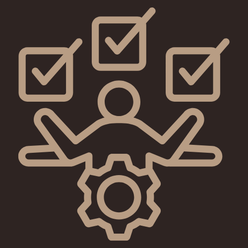 Icon of a person with gears and three checkboxes with check marks, representing task management or multitasking.