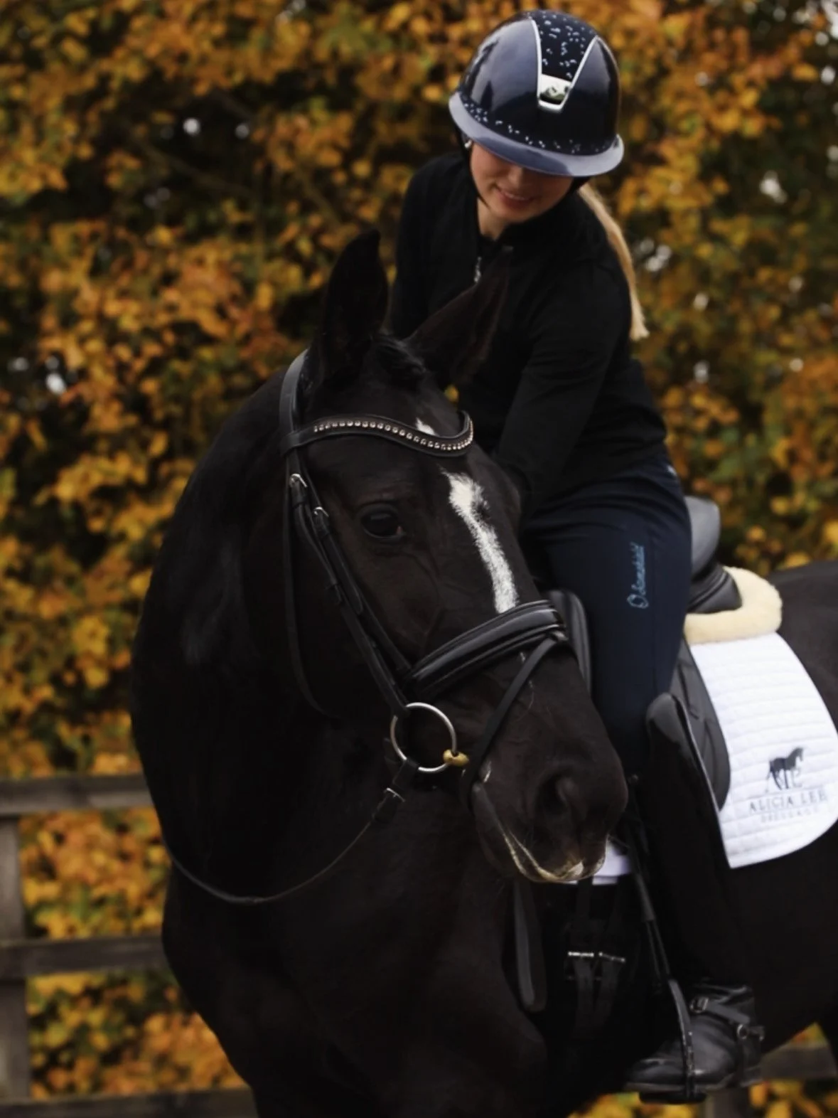 A person riding a black horse with a white stripe on its face, wearing a black helmet, black jacket, and riding gear, with autumn leaves in the background.