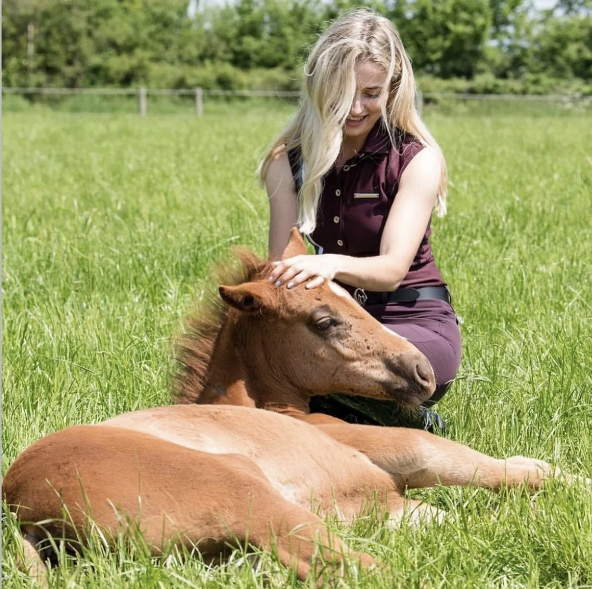 A woman with long blonde hair, wearing a sleeveless maroon outfit, is sitting on green grass in a field and petting a resting brown foal.